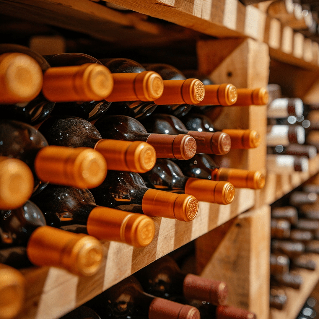 close up bottles in cellar
